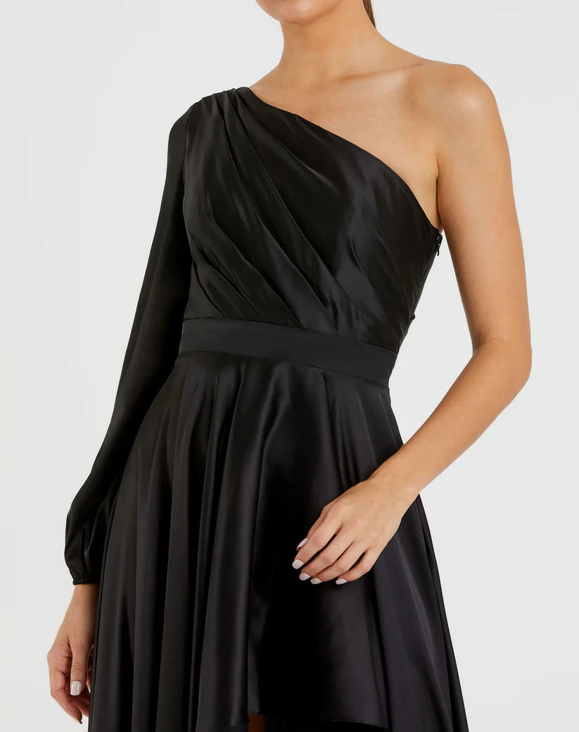 One shoulder neckline asymmetrical floor length evening dress