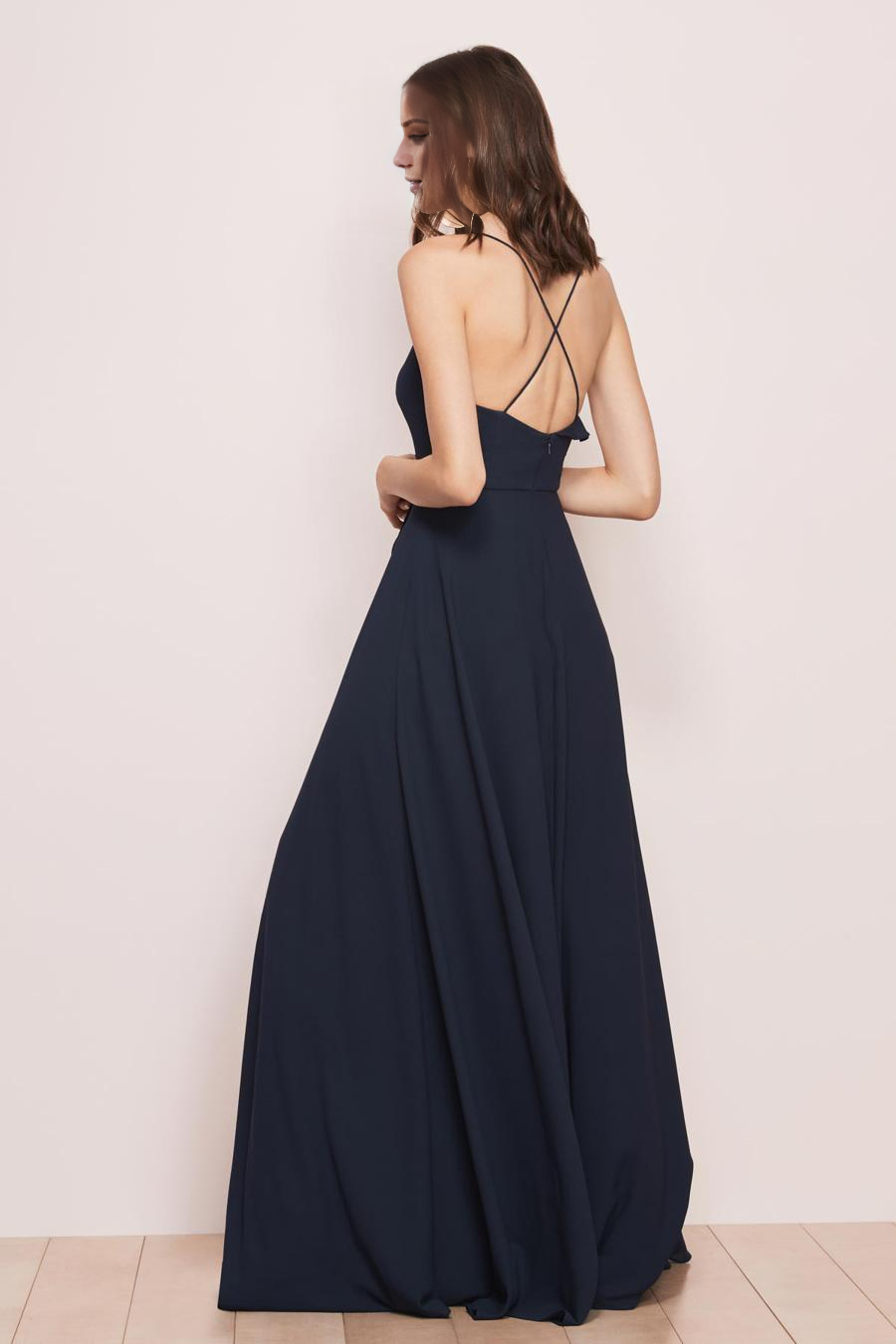 Dark Navy Chiffon A-Line V-Neck Floor-Length Bridesmaid Dress with Ruffled Slit