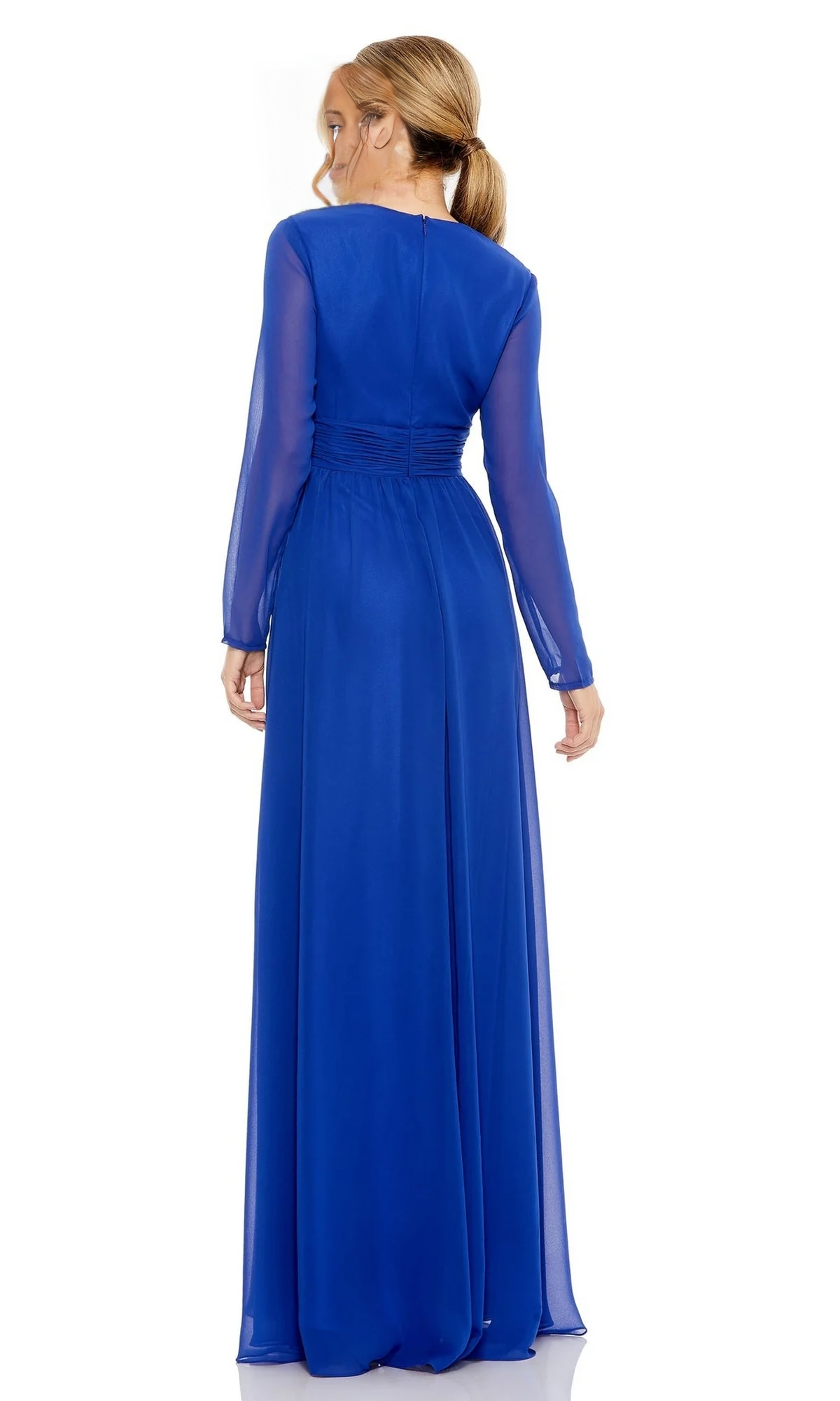 Jimiss V-neck long sleeved side slit and floor length evening dress