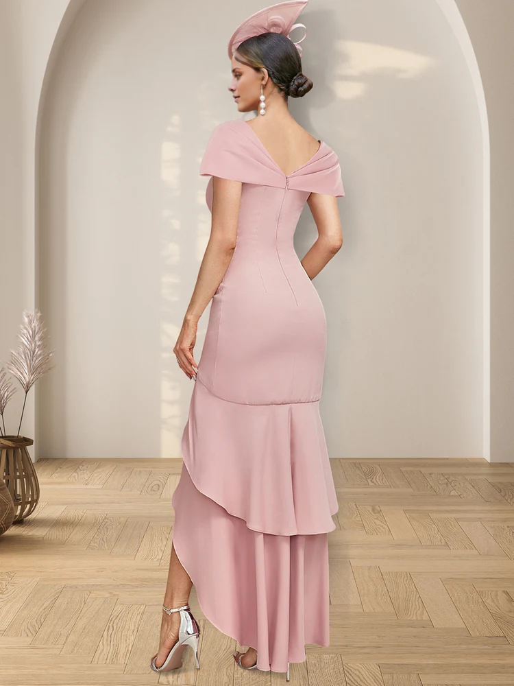 Slim fit column asymmetrical V-neck ruffle hem mother of the bride dress