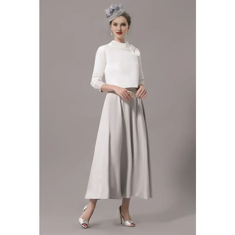 Abito da cerimonia per la madre della sposa in due pezzi, elegante, con scollo gioiello, lunghezza alla caviglia, in raso, maniche a 3/4, giacca corta con fiocco/i