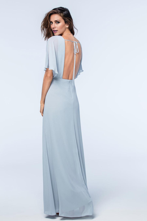 A-Line Floor-Length Bridesmaid Dress with V-Neck, Back Zip & Flutter Sleeves in Dusty Blue Chiffon