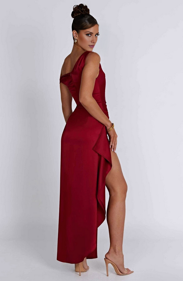 Vestido de fiesta Jimiss con cuello asimétrico, hombros descubiertos, sin mangas, espalda descubierta, abertura lateral y largo hasta el suelo