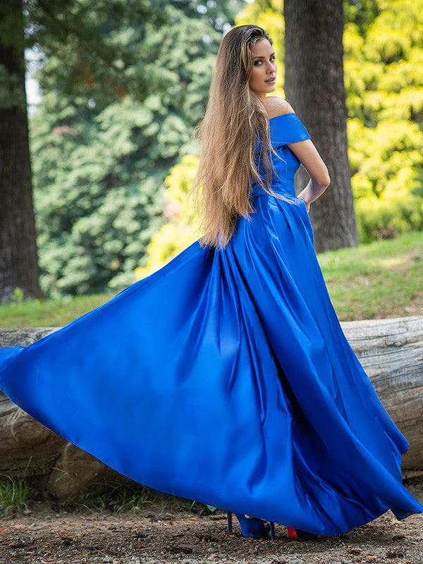 Vestido de fiesta Jimiss de satén elegante con volantes, corte A, hombros descubiertos, sin mangas y hasta el suelo