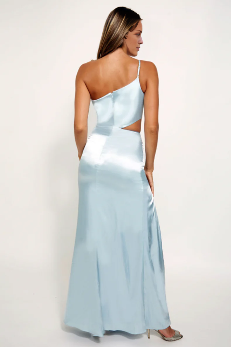 Vestido de fiesta Jimiss con cuello asimétrico, hombros descubiertos, sin mangas, espalda descubierta, abertura lateral y largo hasta el suelo