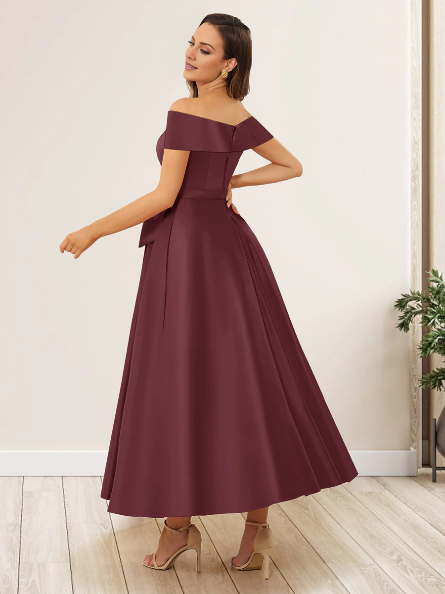 Burgundy Off-the-Shoulder A-Line Tea-Length Bridesmaid Dress