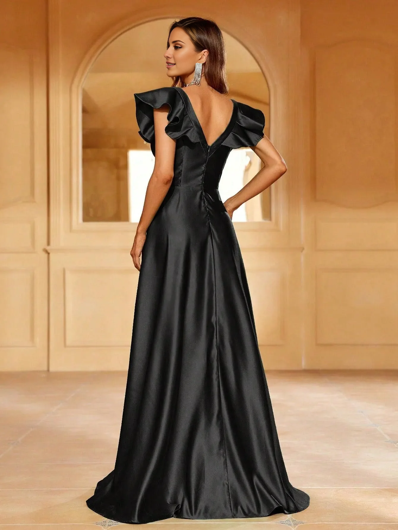 Deep V-neck satin ruffle and floor length formal dress