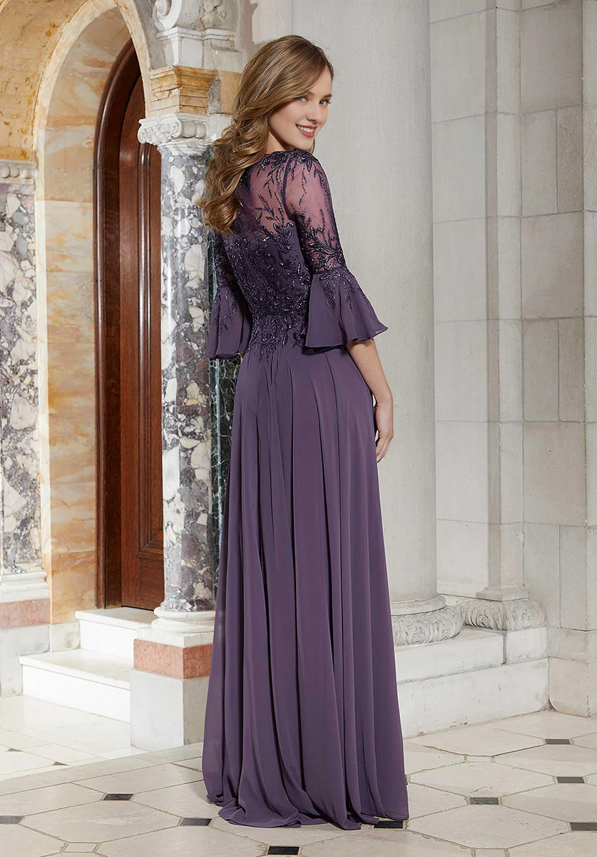Mulberry Chiffon A-Line Floor-Length Dress with V-Neck & Back Zip