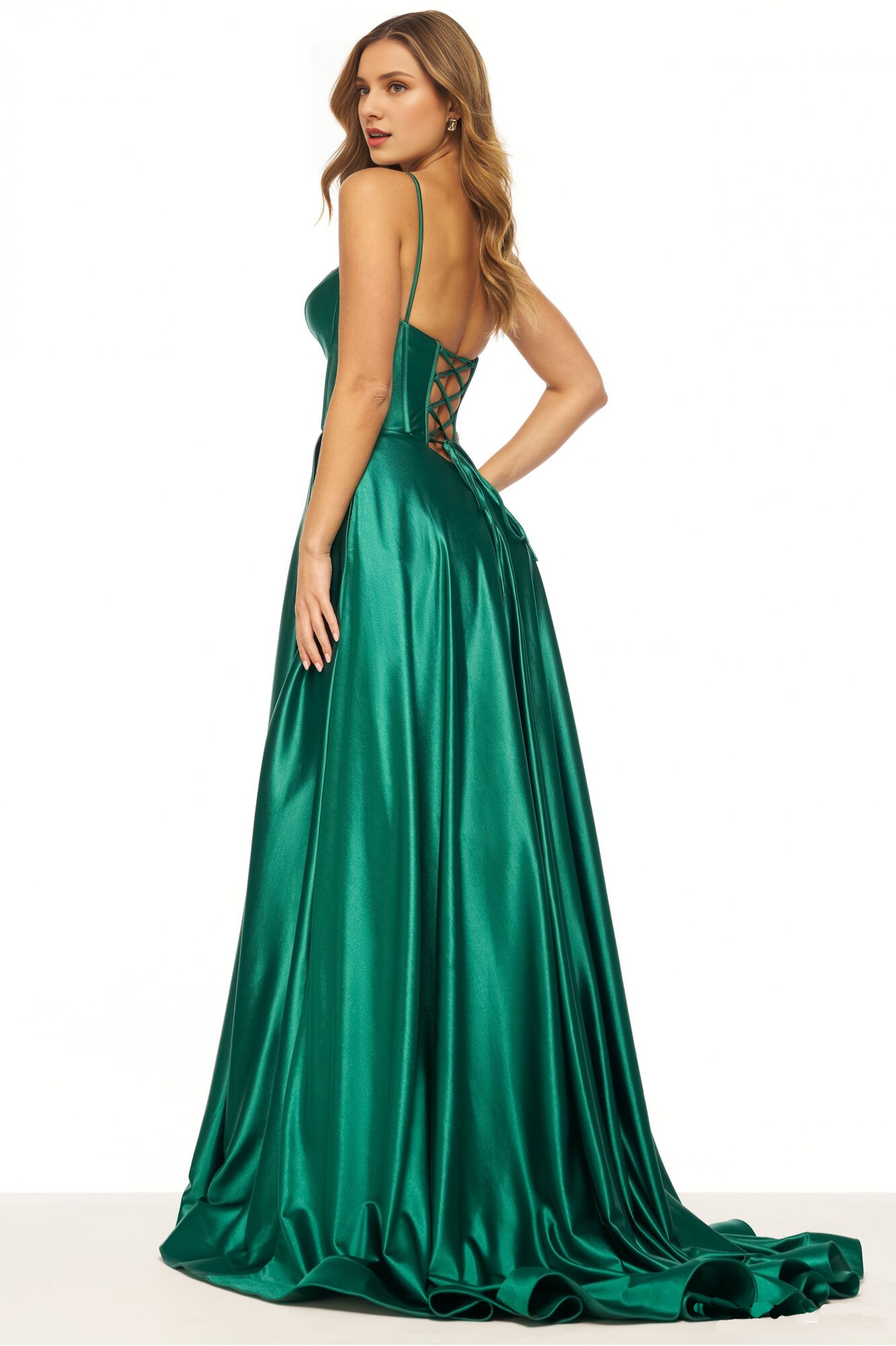 Vestido de fiesta con corsé ajustado en forma de A, abertura frontal, tirante en la espalda y largo hasta el suelo 