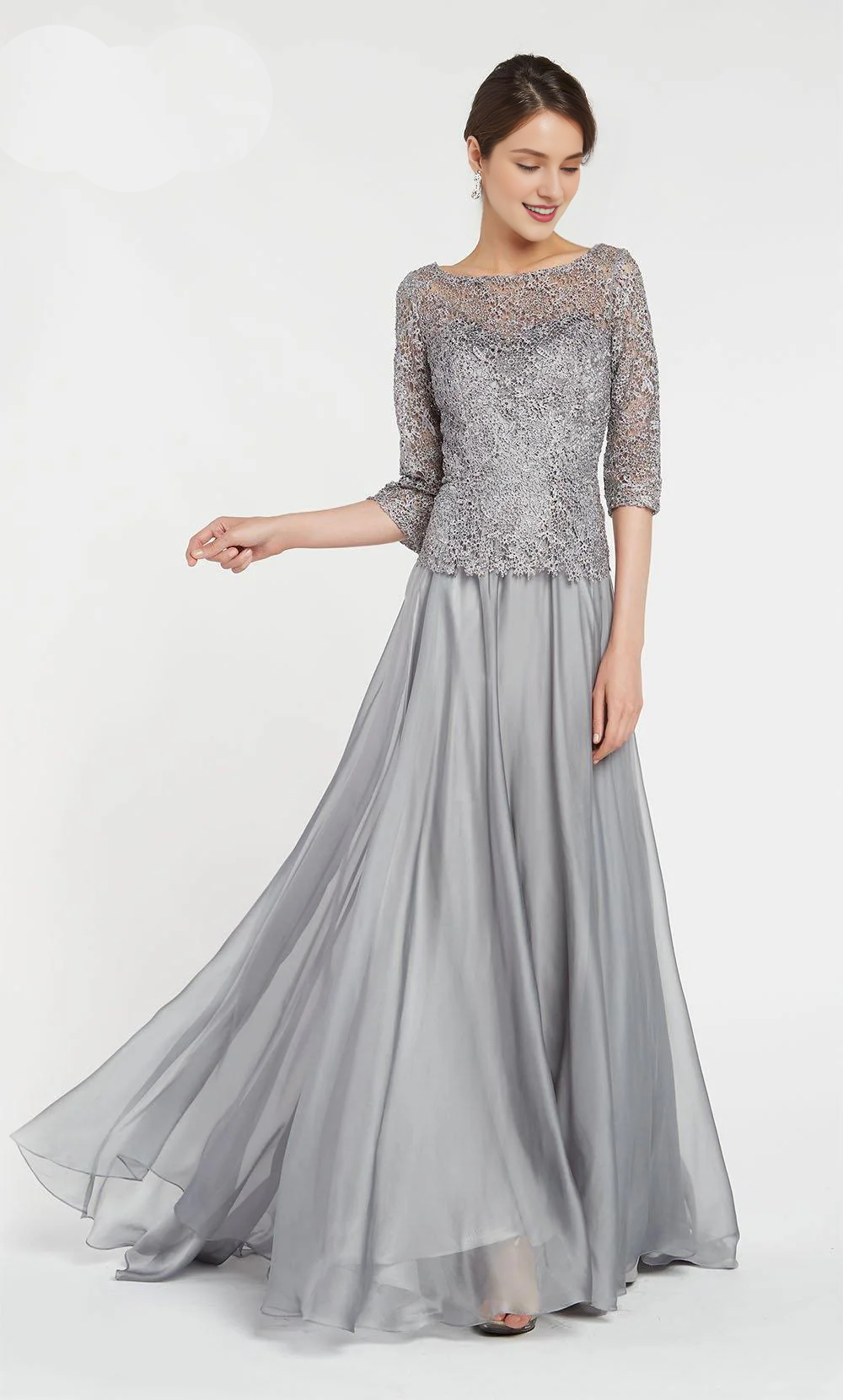 Abiti lunghi formali per la mamma della sposa in chiffon di pizzo con scollo a V e maniche corte