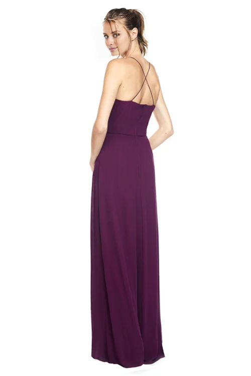 Plum Chiffon A-Line V-Neck Floor-Length Bridesmaid Dress with Twisted Bodice