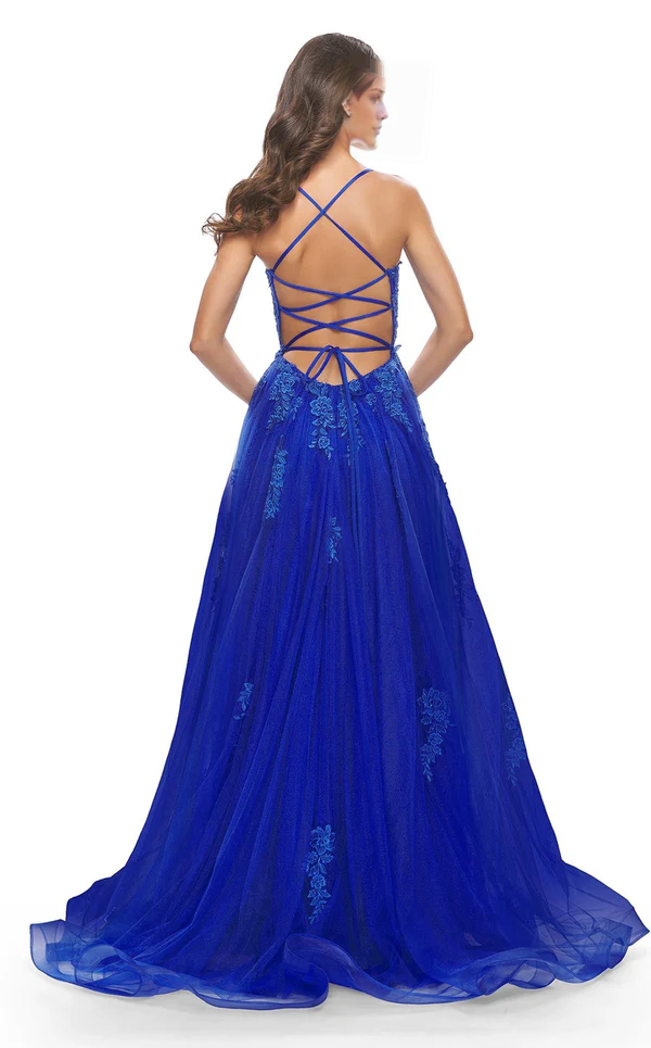 A-line deep straight neckline beaded lace tight corset sheer and floor length Prom ress