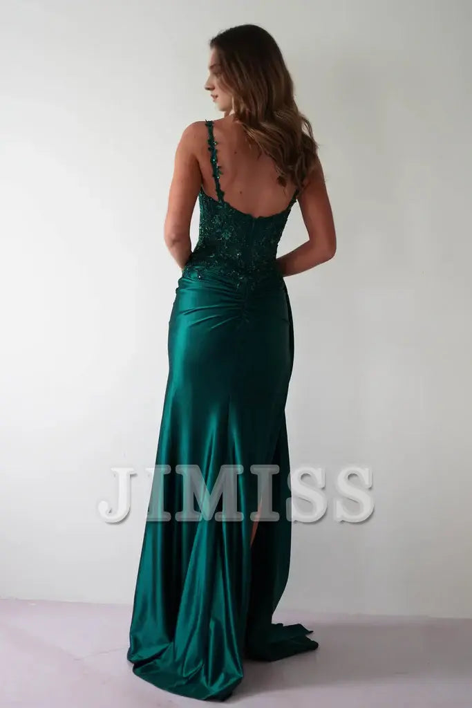 Emerald Satin Sweetheart Sheath/column Floor-Length Evening Dress with High Slit