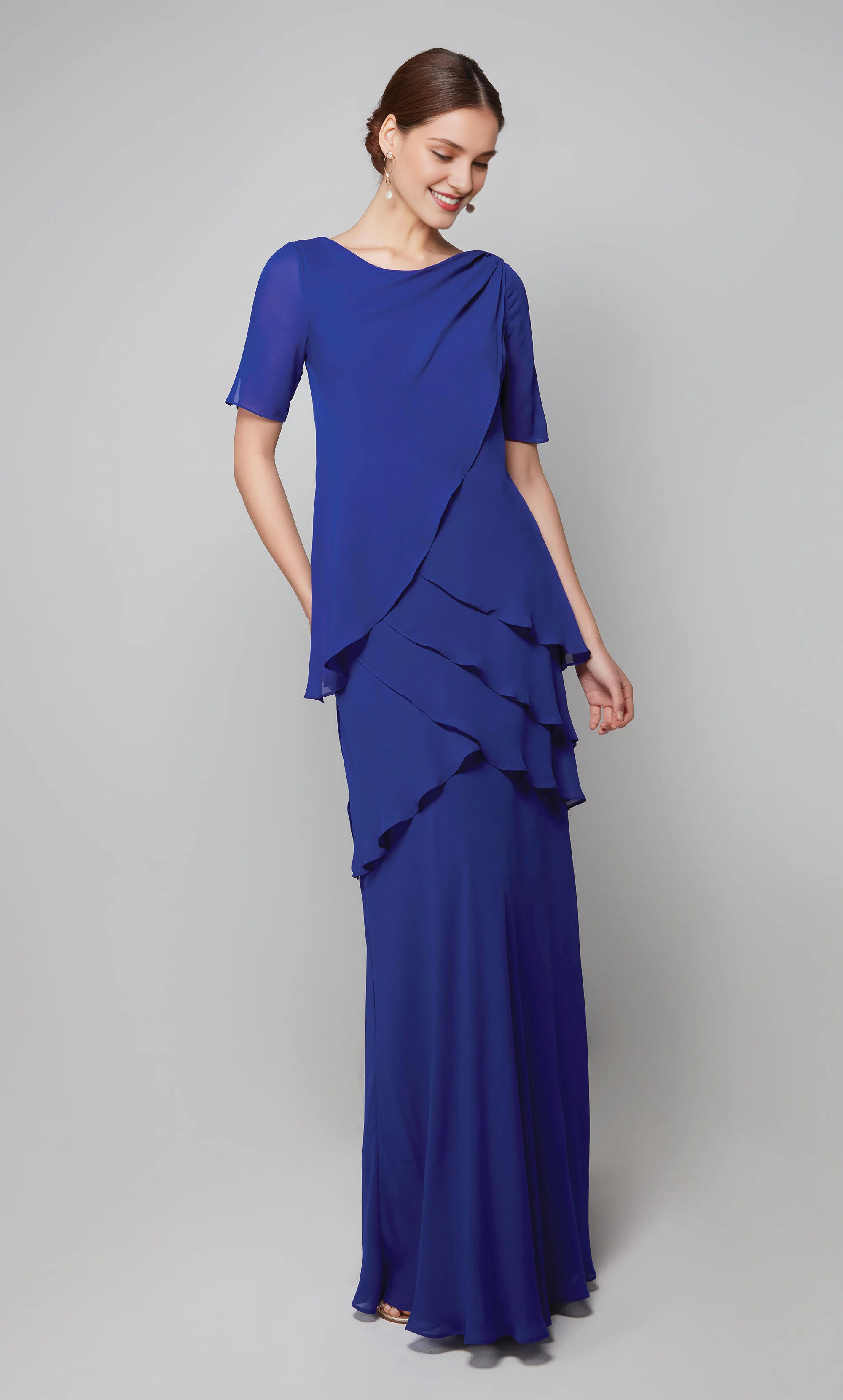 Black Chiffon A-Line Floor-Length Dress with Boat Neck & Draped Bodice