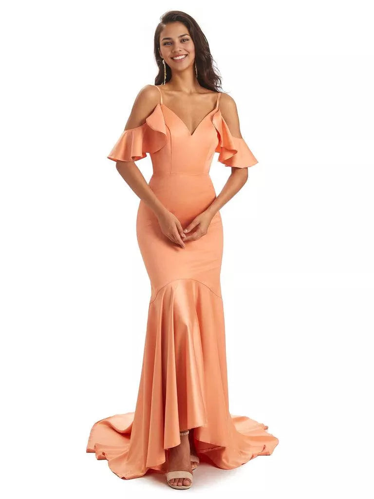 Soft Satin Asymmetric Spaghetti Straps Sleeveless Mermaid Cold Shoulder Bridesmaid Dresses