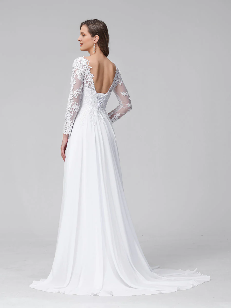 White Chiffon A-Line Floor-Length Dress with V-Neck & Lace Long Sleeves