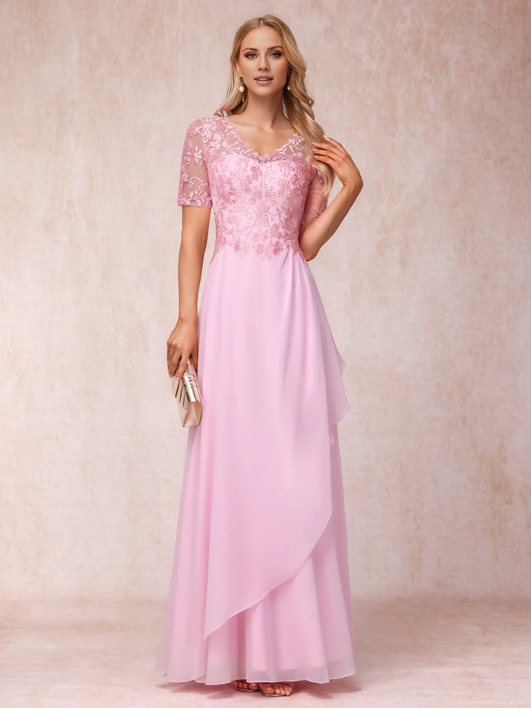 Pink Lace & Chiffon A-Line V-Neck Floor-Length Evening Dress