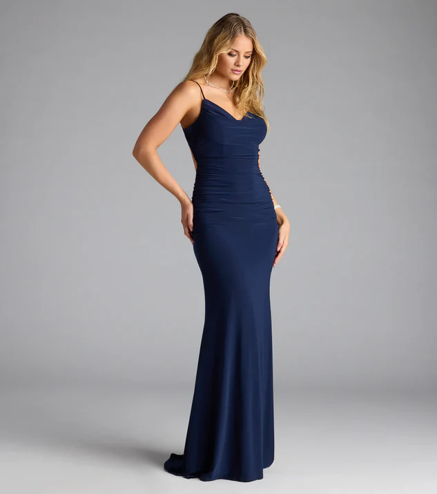 Vestido de fiesta Jimiss de sirena con cuello de bufanda, tirantes finos, espalda descubierta de satén y largo hasta el suelo