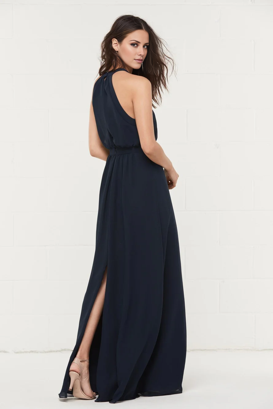 Vestido de fiesta Jimiss con escote halter, hombros descubiertos, sin mangas, abertura y largo hasta el suelo