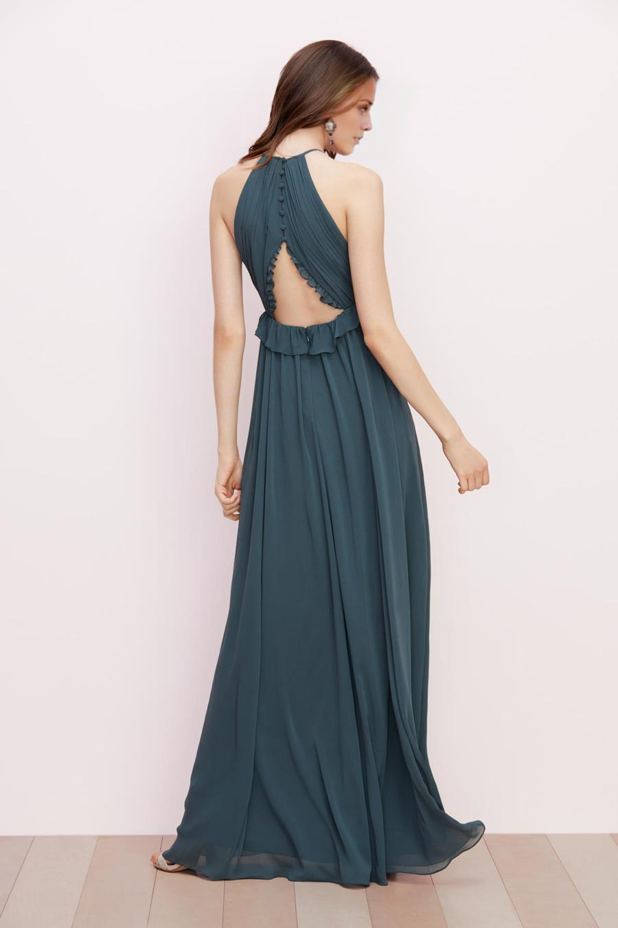 Vestido de noche Jimiss con cuello redondo, sin mangas, detalles plisados y largo hasta el suelo