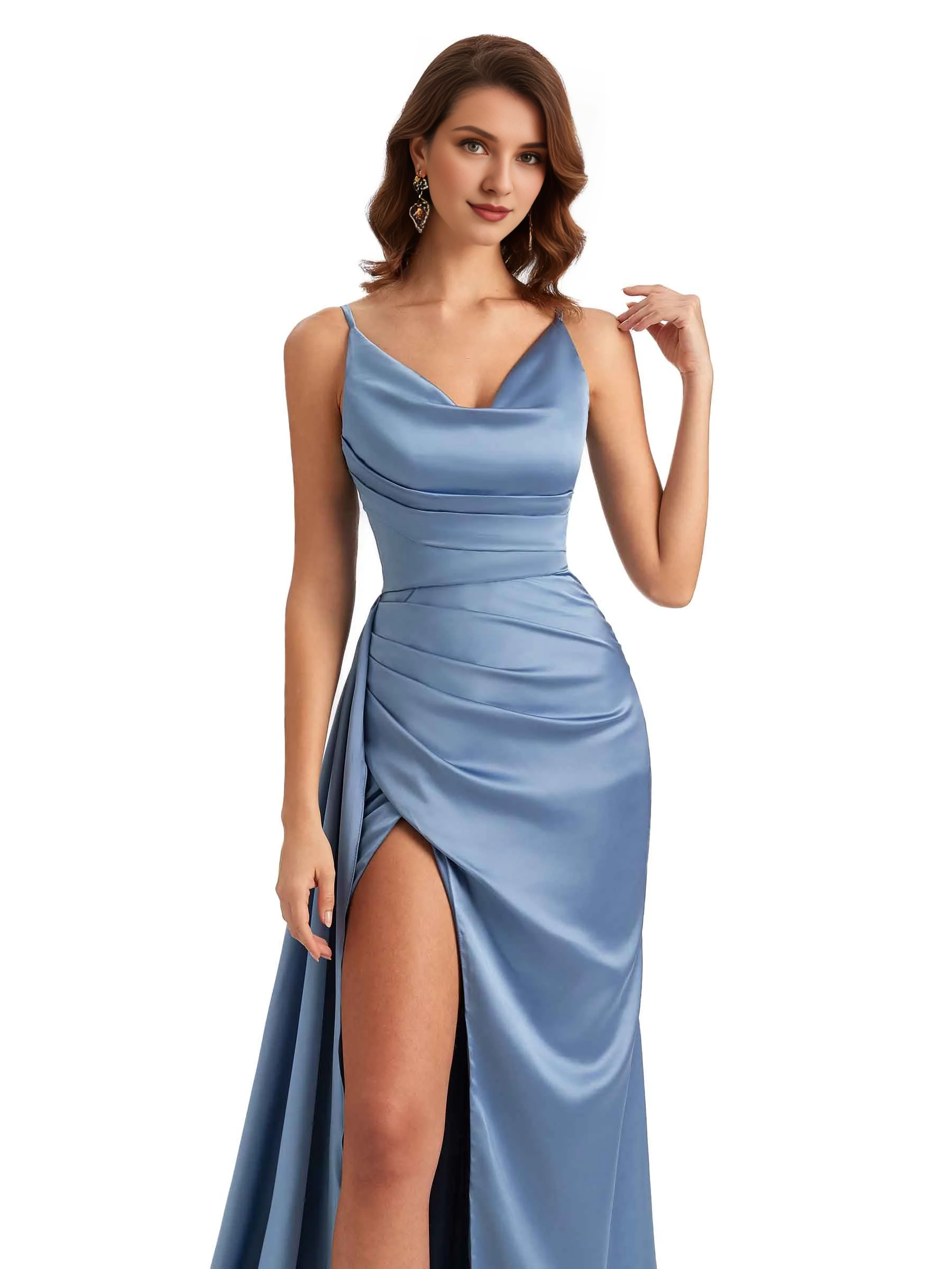 Sexy fishtail side slit hanging neck V-neck soft satin ultra long bridesmaid dress