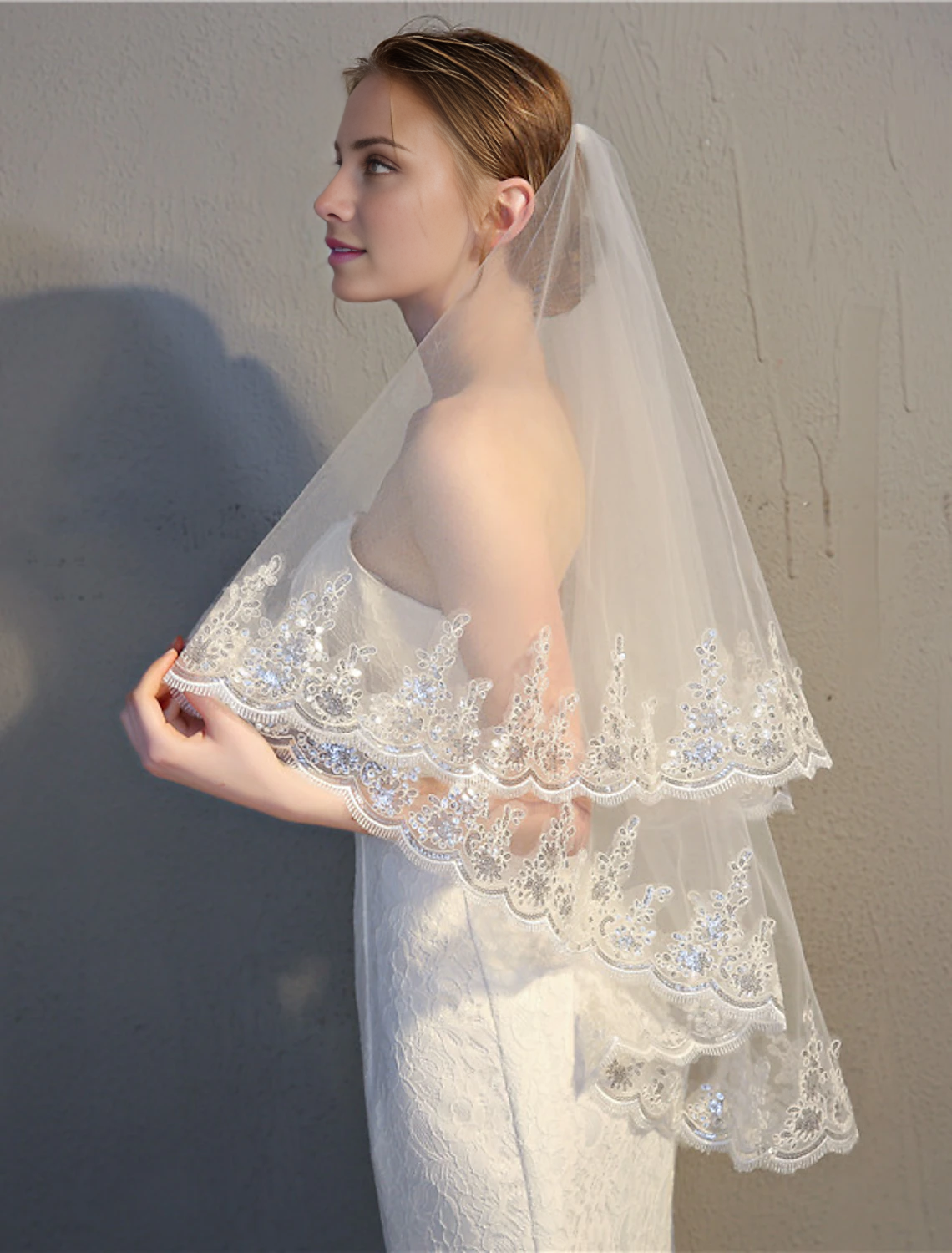Ivory Lace Sheath/column Floor-Length Bridesmaid Dress with Sequin Veil