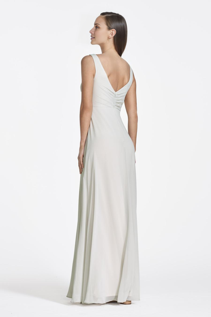 Vestido de noche Jimiss con escote en V, sin mangas, plisado, sin espalda y largo hasta el suelo