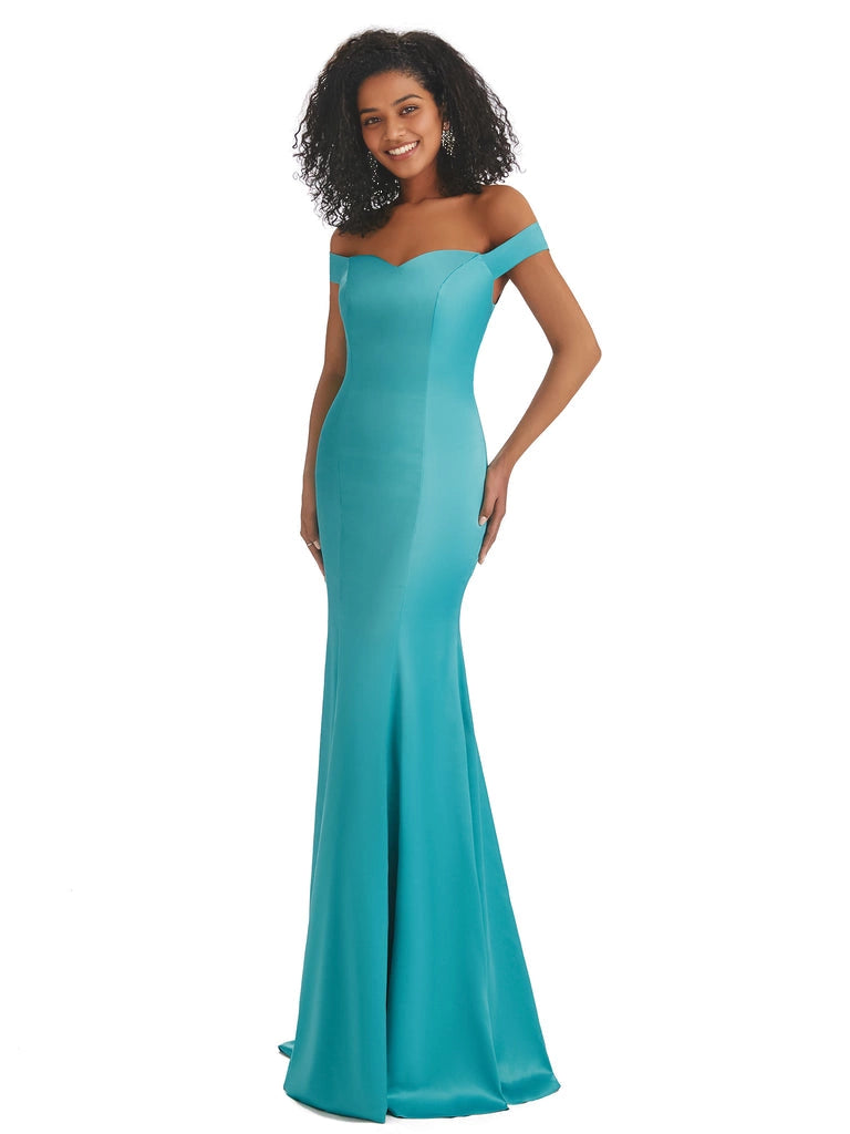 Vestidos de dama de honor largos, sencillos, de satén suave, sin mangas y con hombros descubiertos, de corte sirena
