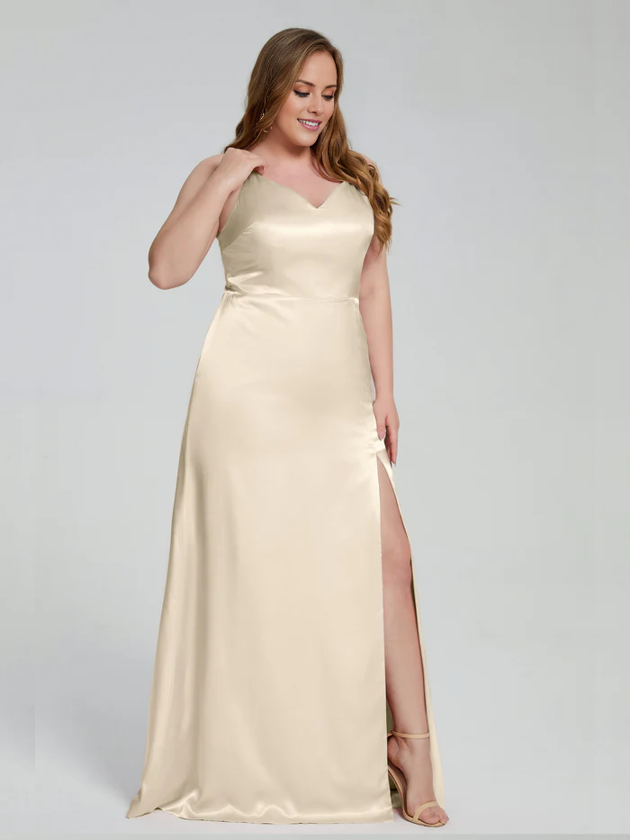 Champagne Satin A-Line Floor-Length Bridesmaid Dress with Sweetheart Neckline and High Slit