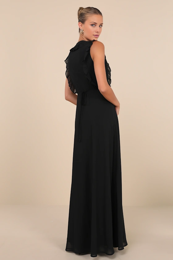 Vestido de noche Jimiss de corte A, escote en V, sin mangas, con volantes y largo hasta el suelo
