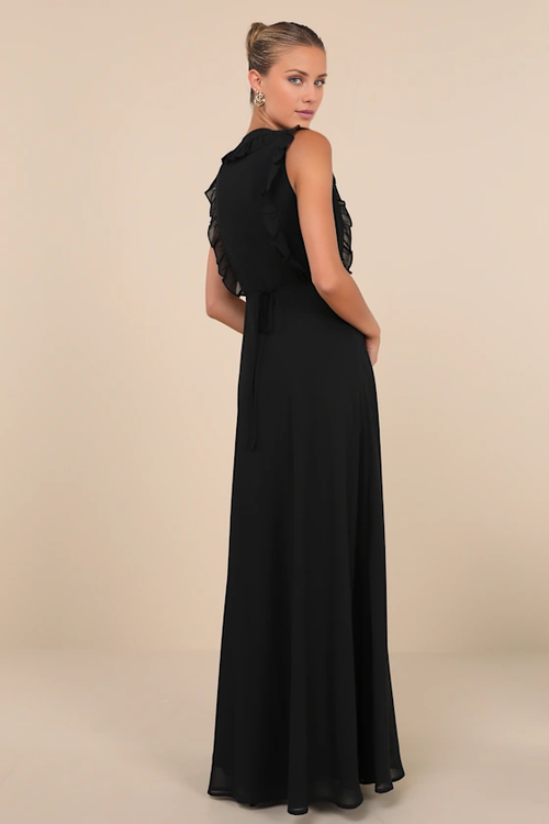 Vestido de noche Jimiss de corte A, escote en V, sin mangas, con volantes y largo hasta el suelo