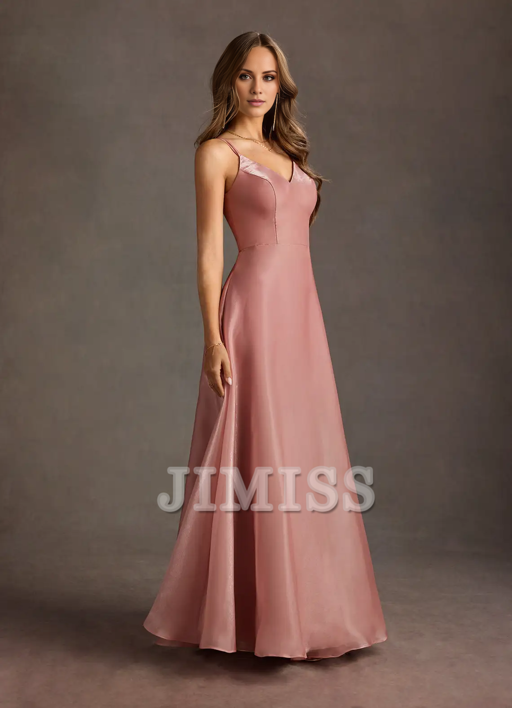 Blushing Pink Satin A-Line Floor-Length V-Neck Bridesmaid Dress