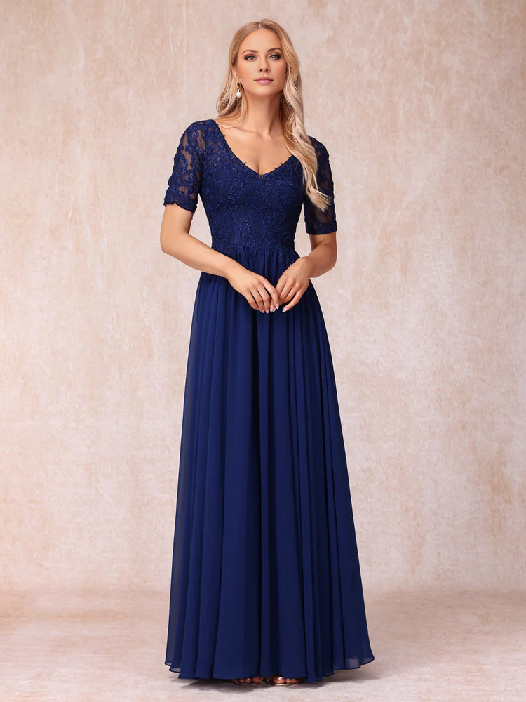 Dark Navy V-Neck Lace Chiffon A-Line Floor-Length Evening Dress