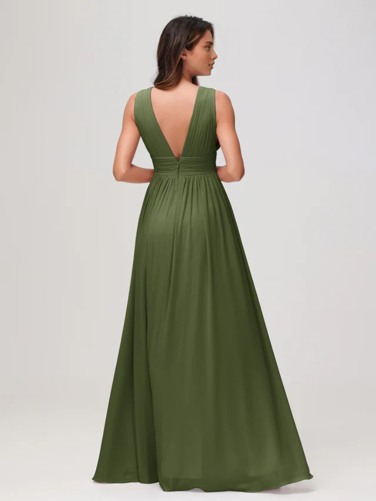 Chiffon Spaghetti-Strap Deep V-Neck Ruched Bodice High-Slit A-Line Floor-Length Bridesmaid Dresses