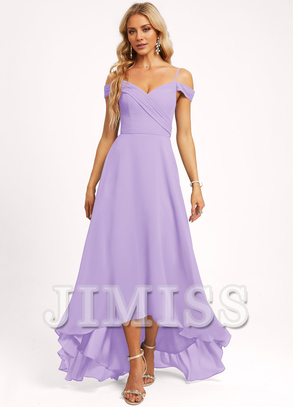 Abito da damigella d'onore in chiffon asimmetrico con spalle scoperte e linea ad A