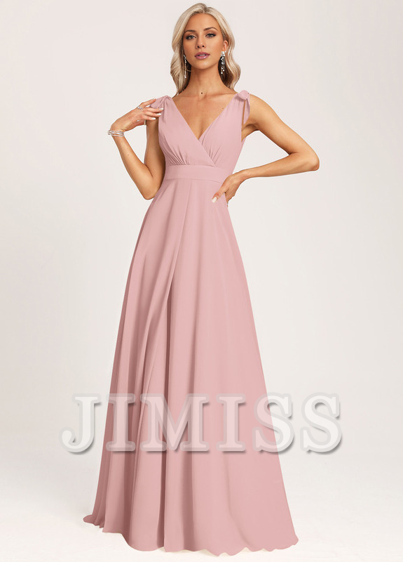 Abito da damigella d'onore lungo in chiffon con scollo a V, a trapezio e fiocco