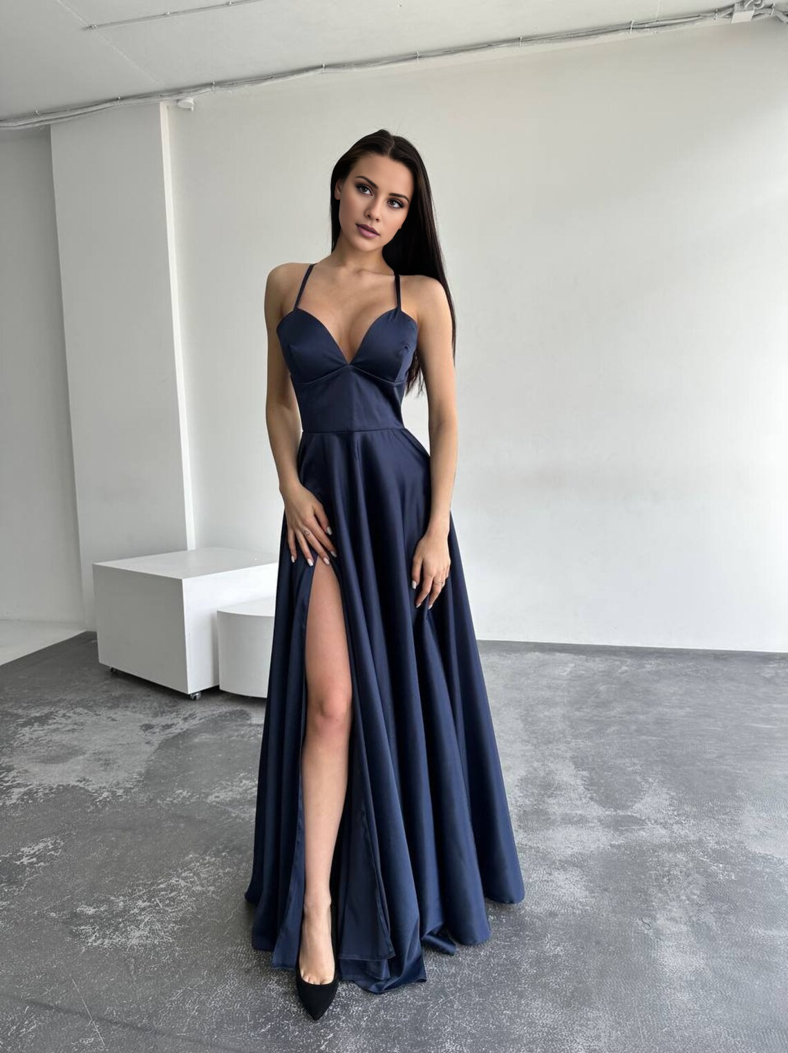 Dark Navy Satin Floor-Length A-Line V-Neck Dress with High Slit
