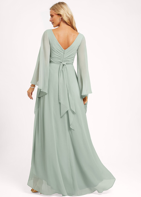Dusty Sage Chiffon A-Line High-Low Dress with Draped V-Neck and Cape Sleeves