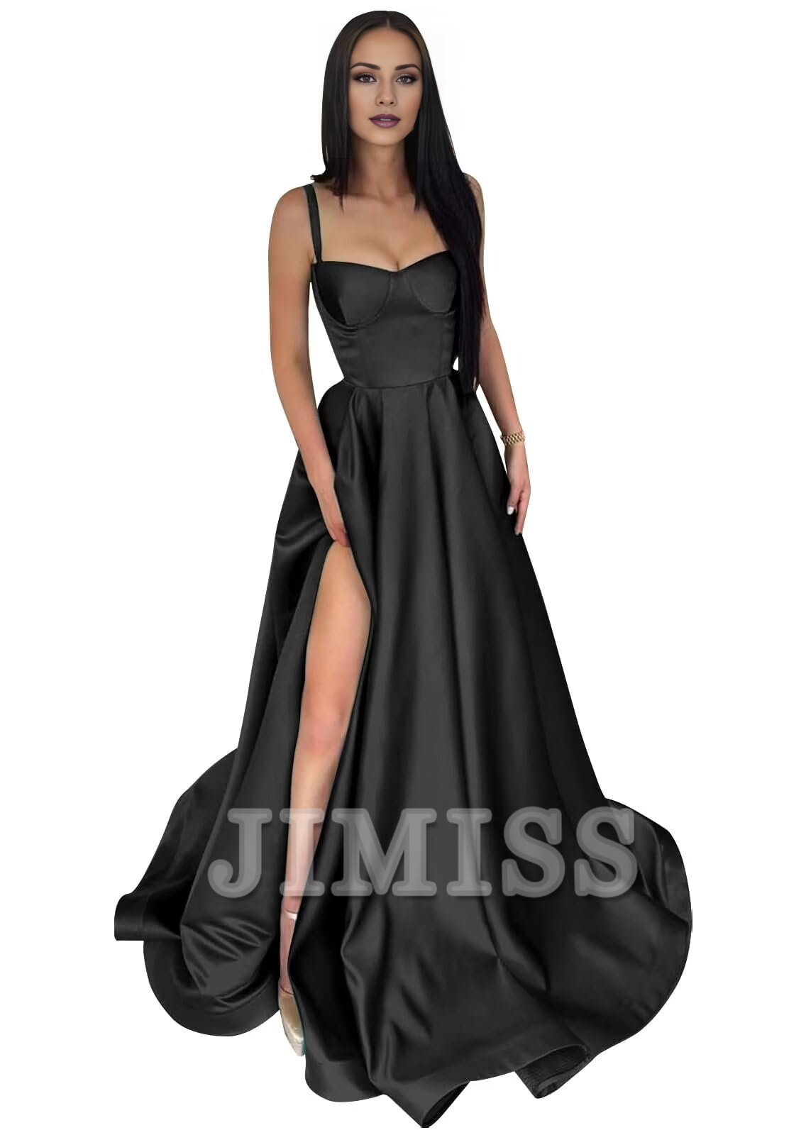 Vestido de fiesta formal de satén con tirantes finos, abertura larga en forma de A y plisado.