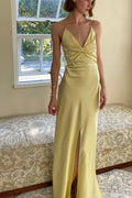 Vestido de fiesta largo con tirantes finos y elegante color amarillo de Jimiss