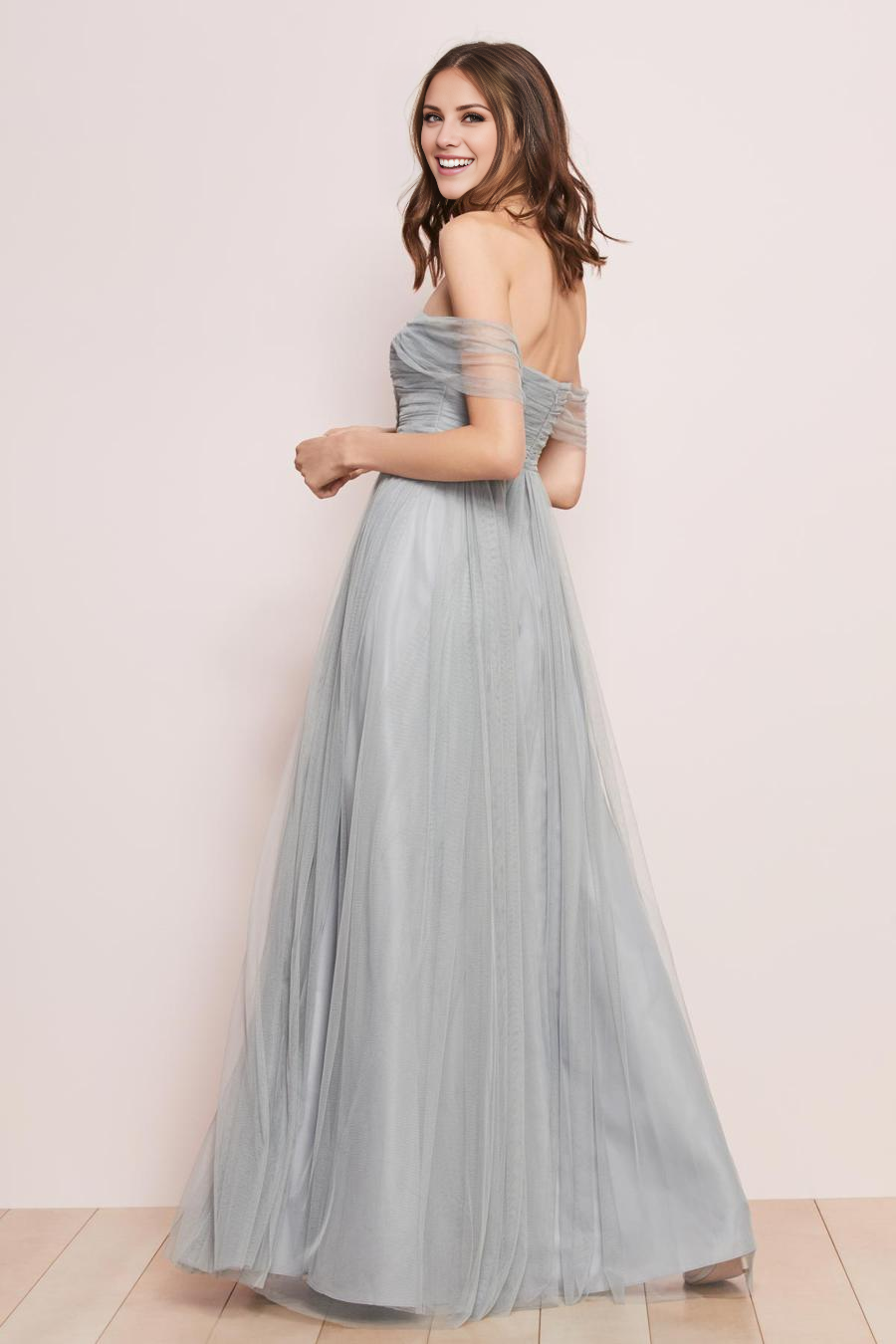 Slate Blue Off-the-Shoulder Ruched Tulle A-Line Bridesmaid Dress