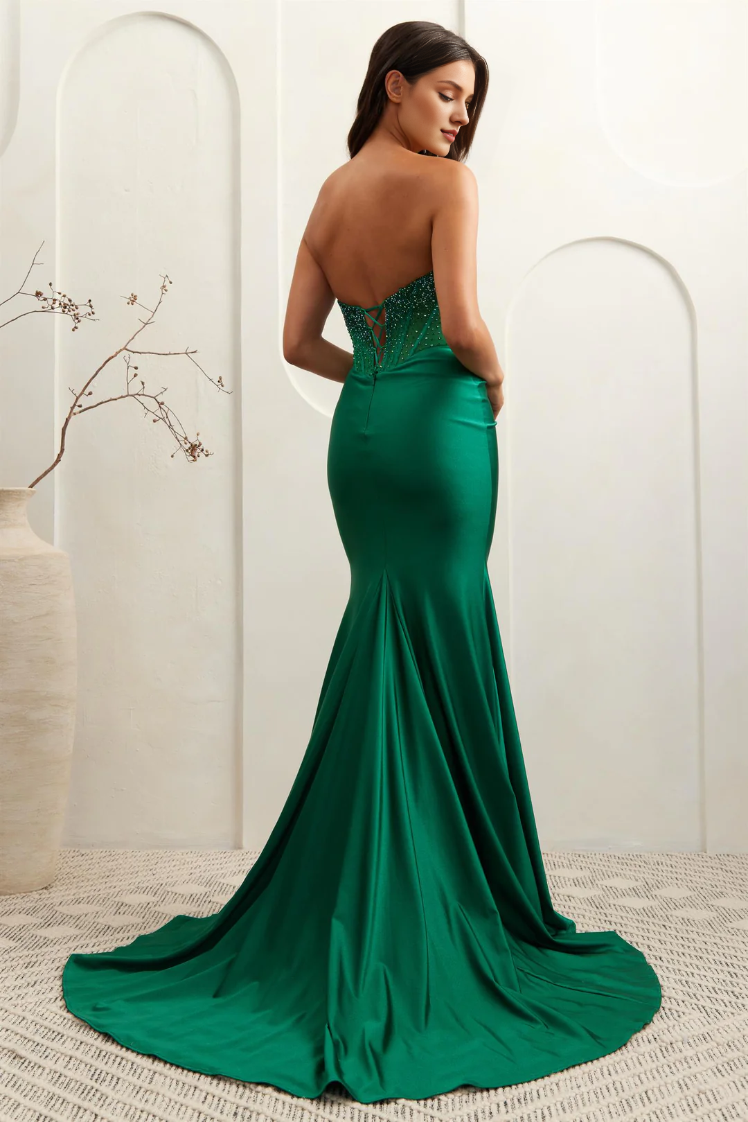 Emerald Satin Mermaid Floor-Length Dress with Sequin Embellished Bodice and High Slit
