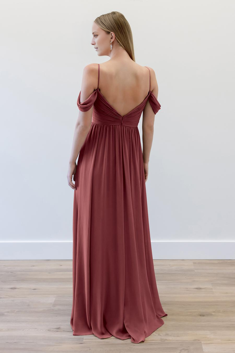 Vestido de noche Jimiss con escote barco, sin mangas, tirantes finos, plisado, sin espalda y largo hasta el suelo