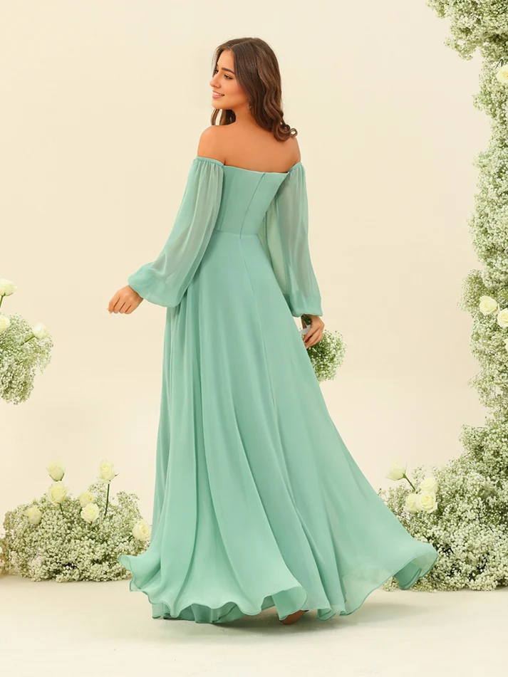 Mint Green Chiffon Off-the-Shoulder A-Line Floor-Length Dress with Ruched Bodice and High Slit