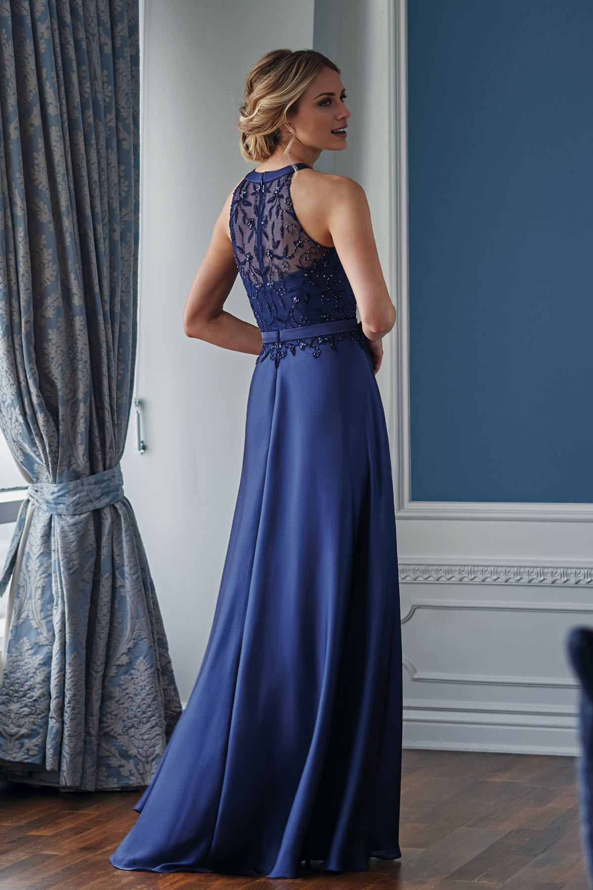 Navy Blue Satin A-Line Floor-Length Dress with Beaded Illusion Halter Neckline