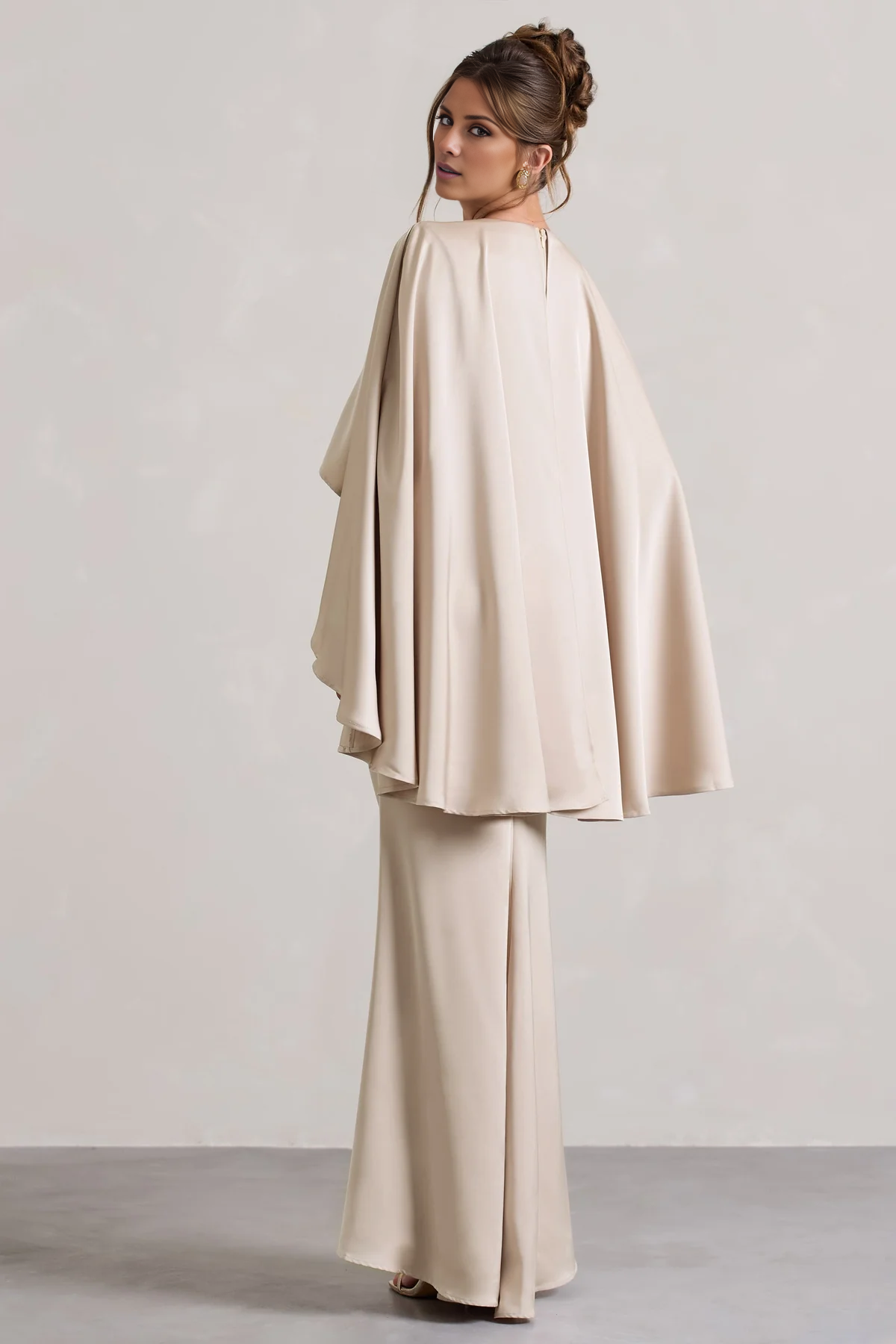 Champagne Satin Sheath/column Floor-Length Bridesmaid Dress with Cape Sleeves and Wrap V-neck