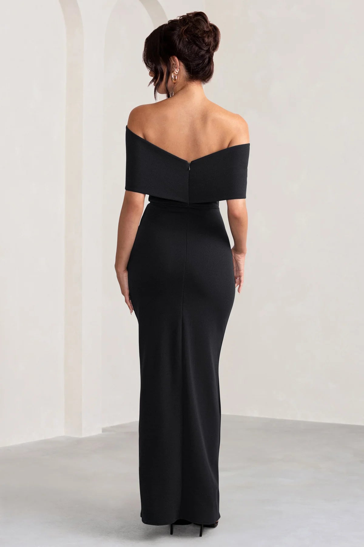 Off shoulder neckline with bow details thigh slit and floor length even dress - jimiss dress