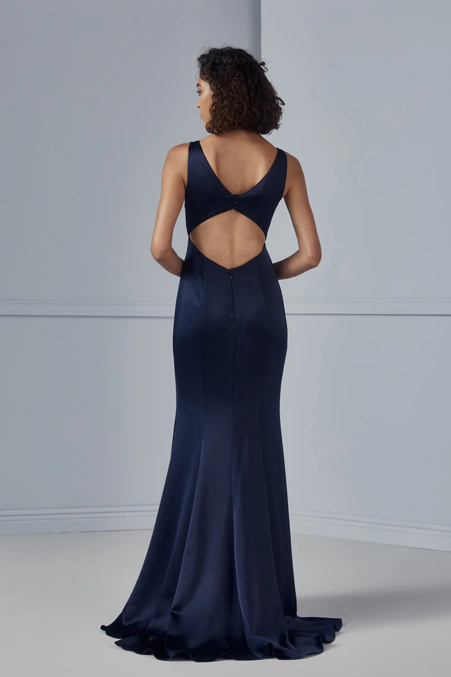 Vestido de fiesta Jimiss con escote en V, hombros descubiertos, sin mangas, espalda descubierta, abertura lateral y largo hasta el suelo