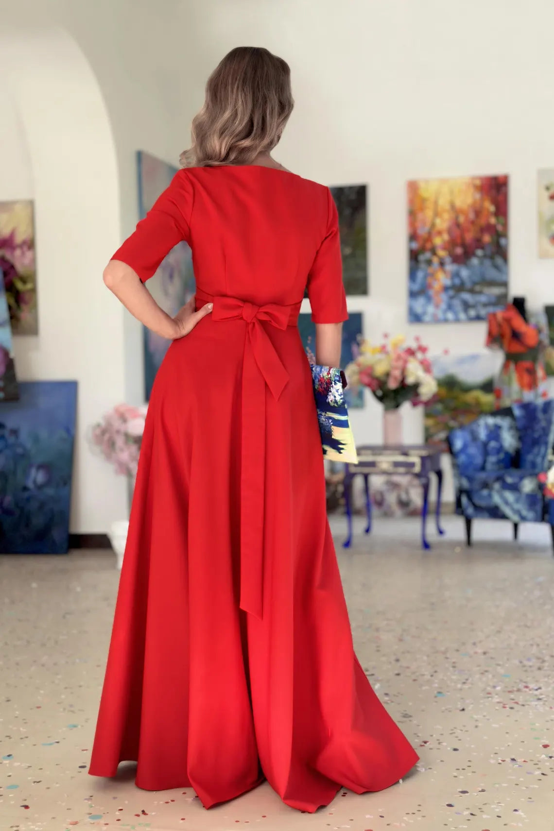 Jimiss - Vestido de fiesta de manga corta con escote barco, corte trompeta y largo hasta el suelo 