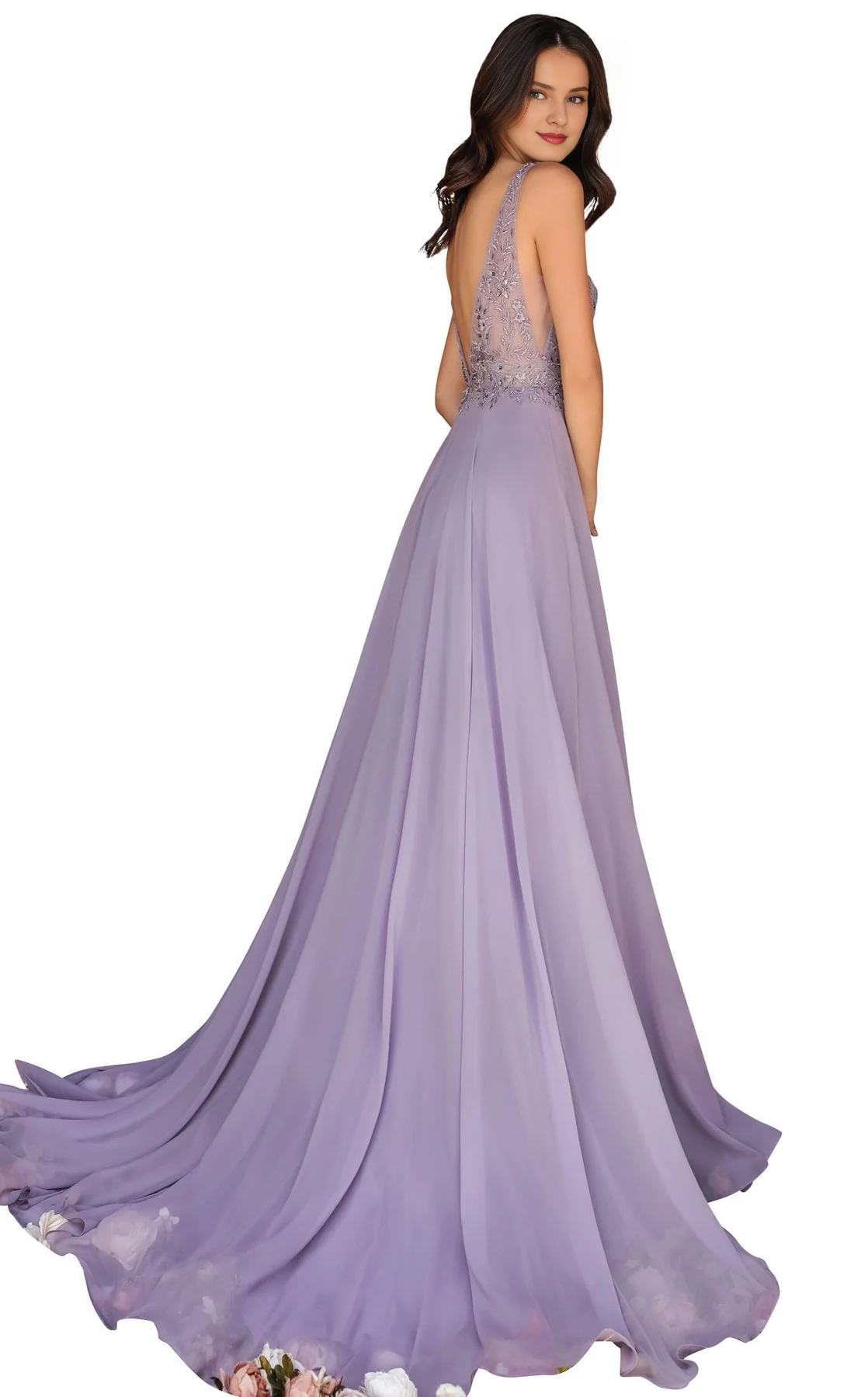 Lilac Chiffon A-Line V-Neck Floor-Length Evening Dress